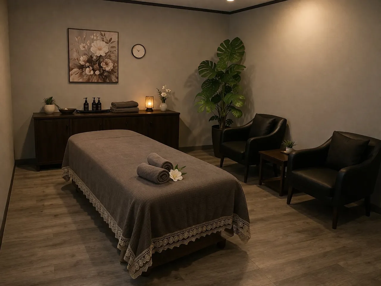 Clean massage room with rolled towels on the table at Diamond Spa Massage in San Diego, CA