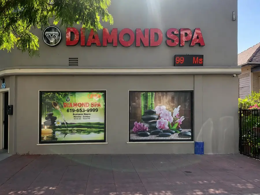 Storefront of Diamond Spa Massage on El Cajon Blvd in San Diego, CA, with the red DIAMOND SPA sign